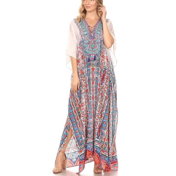 Sakkas Georgettina Flowy Rhinestone V Neck‎ Long Caftan Dress  Cover Up OS - Picture 1 of 9